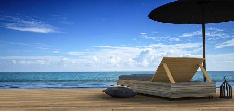 3D Rendering : illustration of Beach lounge - Sundeck and Sea view for vacation and summer on brown wooden floor.minimalism style.time to rest concept