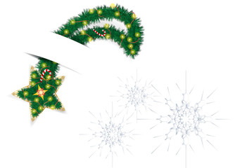 Christmas star background, made as pine tree holiday wreath with lights, ornaments and decorations.