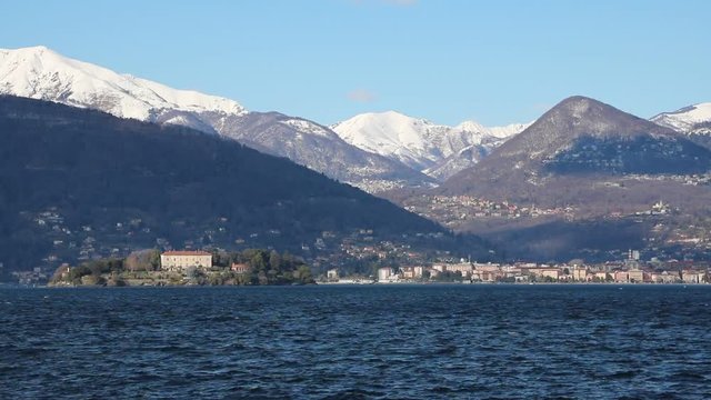 Winter view to Borromean Island Isola Madre and Pallanza Verbania at Lake Maggiore, Italy