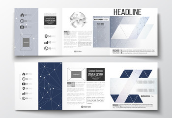 Set of tri-fold brochures, square design templates. Polygonal low poly backdrop with connecting dots and lines, connection structure, blue background. Digital or science vector