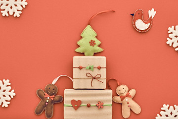 XMAS Design Ornament. Christmas background decoration Handmade, Christmas holiday Gift boxes, Happy Gingerbread. Snowflakes, Fir. New Year 2017. Festive Art christmas Greeting Card. Retro Vintage