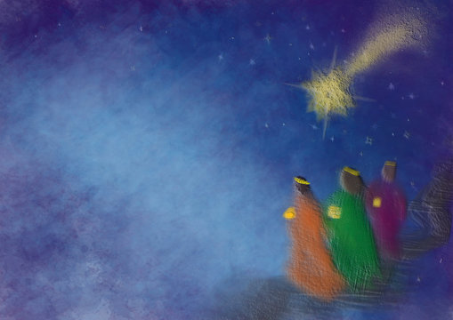 Three kings or three wise men with Christmas star. Christmas nativity abstract artistic illustration.