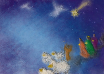 Three kings or three wise men with Christmas star, shepherd with sheep and angels. Bethlehem Christmas nativity scenery, abstract artistic illustration.