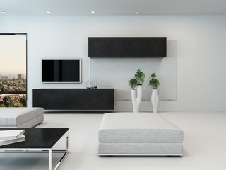 Contemporary white living room with ottoman