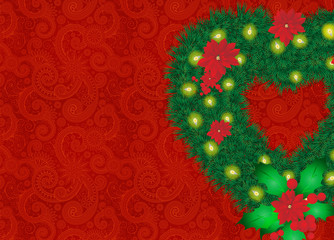 Merry Christmas holiday color background, with pine tree holiday wreath in shape of a heart, decorated with xmas lights and poinsettia flowers and holly on a red background, with copy space for text