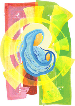 Christmas nativity scene Mother and child, Mary with baby Jesus in a starry night abstract illustration background with copy space for text