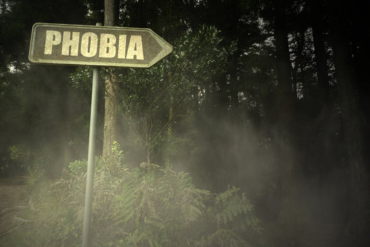 old signboard with text phobia near the sinister forest