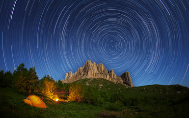 Touristic camp on a background of mountain Big Thach and starry
