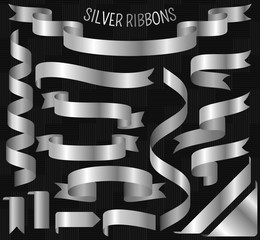 Set of silver ribbons on carbon background. Vector illustration