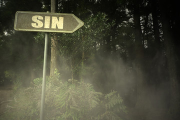 old signboard with text sin near the sinister forest - obrazy, fototapety, plakaty