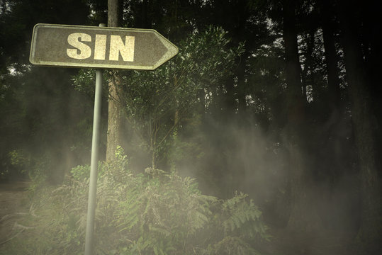 old signboard with text sin near the sinister forest