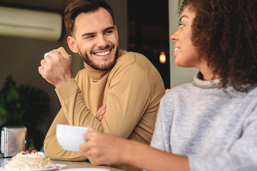 fun breakfast of a happy couple