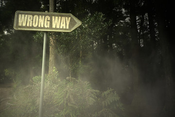 old signboard with text wrong way near the sinister forest