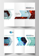Tri-fold brochure business templates on both sides. Easy editable flat layout. Abstract lines background with color glowing neon streams, motion design vector.