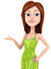 Funny girl in a dress on a white background indicates hand at th