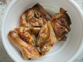 Grilled chicken slice in foam cup