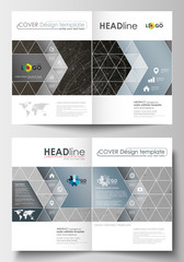 Business templates for brochure, magazine, flyer. Cover design template, flat layout in A4 size. Abstract 3D construction and polygonal molecules on gray background, scientific technology vector.