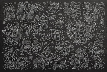 Obraz premium Chalkboard vector doodles cartoon set of Easter objects