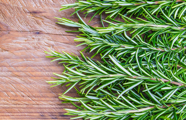Fresh rosemary on wood background copy space.