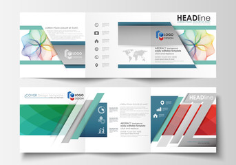Set of business templates for tri fold square brochures. Leaflet cover, flat layout, easy editable vector. Colorful design background with abstract shapes and waves, overlap effect.