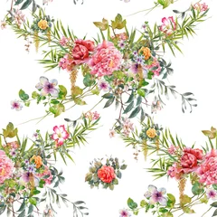 Fotobehang Aquarel schilderij van blad en bloemen, naadloos patroon op witte achtergrond © photoiget