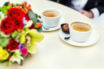 coffee breaks, two cups of coffee on a table, couple, dessert, romance, love, pleasure, vintage