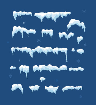 Snow elements. Set of Isolated snow cap. Snow caps on blue background. Vector snow cap for design and decoration of Christmas greeting cards. Cartoon snow cap. Snow cap, snowball, snowdrift, snow top