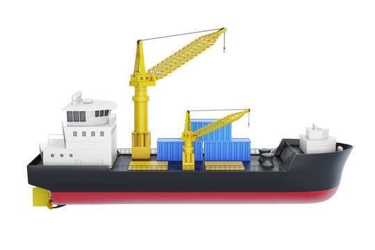Cargo ship with crane isolated on white background. 3d rendering