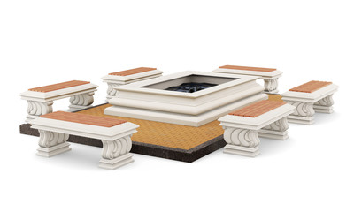 Fountain with benches isolated on white background. 3d rendering