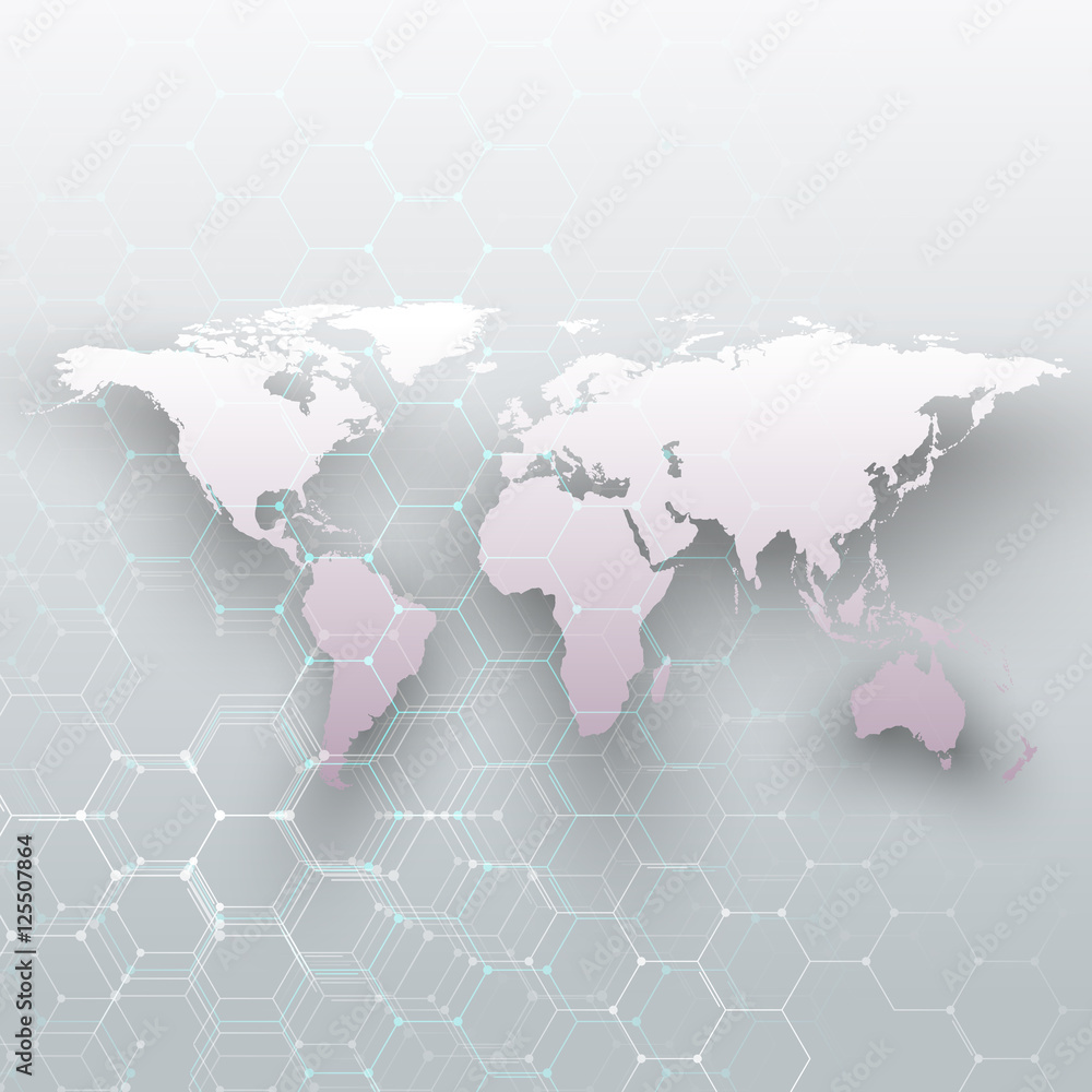 Poster white world map, connecting lines and dots on gray color background. chemistry pattern, hexagonal mo