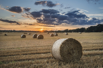 Beautiful countryside landscape image of hay bales in Summer fie