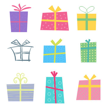 Holiday gifts icons and present boxes in cartoon flat style. Vector illustration. Colored gift boxes with ribbons.