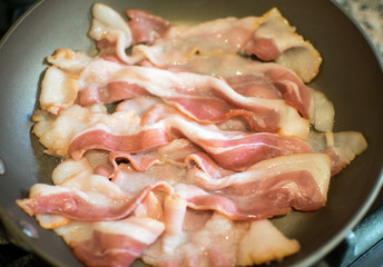 Raw Pork Bacon Strips being Fried in a Teflon Pan Close Up