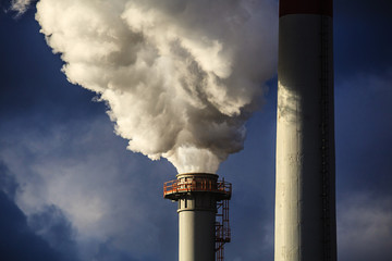 white danger smoke from coal power plant chimney