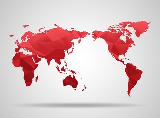 World map. Low poly design. Red origami planet. Vector illustration
