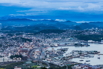 Sasebo city skyline at night from mount Yumihari in Nagasaki