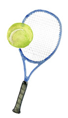watercolor sketch of tennis racquet on white background - obrazy, fototapety, plakaty