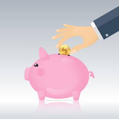 pink Piggy bank and businessman hand with coin. Vector illustration