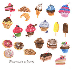Hand-drawn watercolor sweet cakes, ice-cream and dessert collection. Line art set of the sweet dessert illustrations.