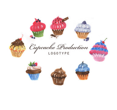 Hand-drawn watercolor logo with different cupcake isolated on the white background. Element design for corporate identity, banner, business card