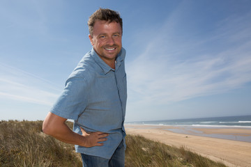 Man handsome at beach under blue sky