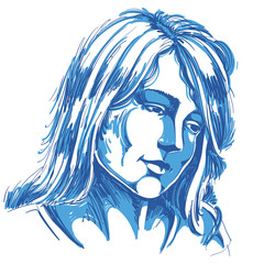 Hand-drawn portrait of white-skin sorrowful woman, sad face emot