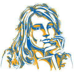 Vector art drawing of pensive romantic woman with stylish haircu