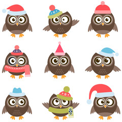Fototapeta premium Cute owls with Santa hats