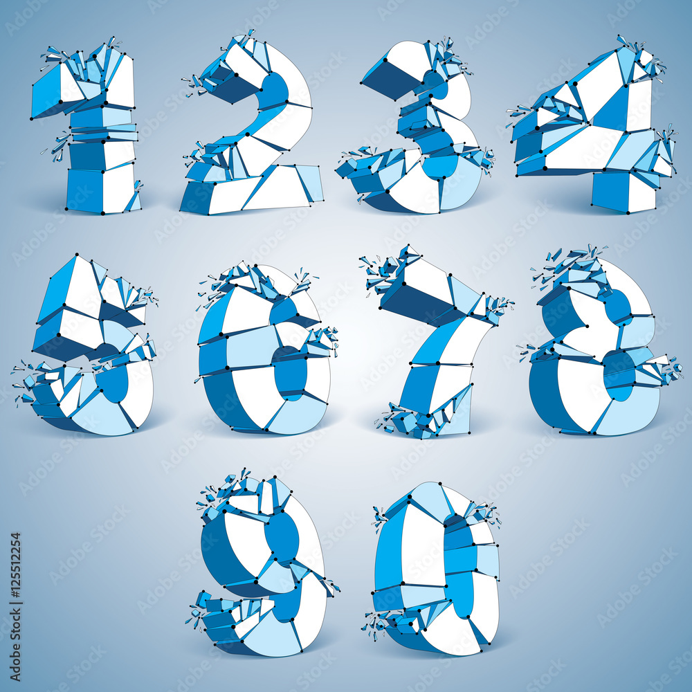 Poster set of 3d vector digital wireframe blue numbers from 0 to 9 brok