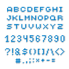 Cybernetic 3d numbers, letters and punctuation marks, pixel art