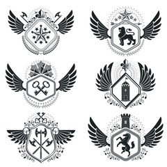 Obraz premium Heraldic emblems isolated vector illustrations. Collection of sy