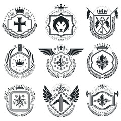 Fototapeta na wymiar Heraldic emblems isolated vector illustrations. Collection of sy