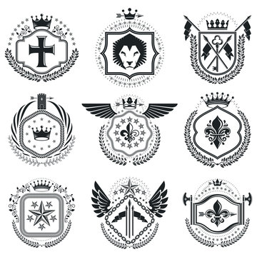 Heraldic emblems isolated vector illustrations. Collection of sy