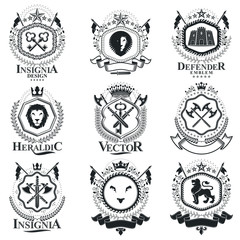 Vintage decorative emblems compositions, heraldic vectors. Class